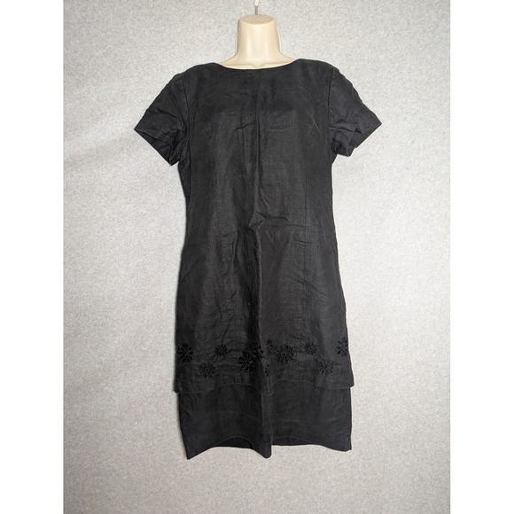 August Silk Black Linen Sheath‎ Dress Women's 10 Short Sleeve Floral Eyelet Hem - Picture 2 of 11